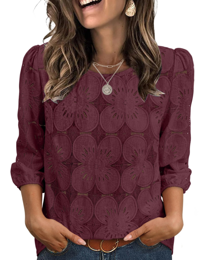 Bluzka Nolia Damska – Top z Ażurem i Bufiastymi Rękawami 3/4, Styl Elegancki Casual Chic