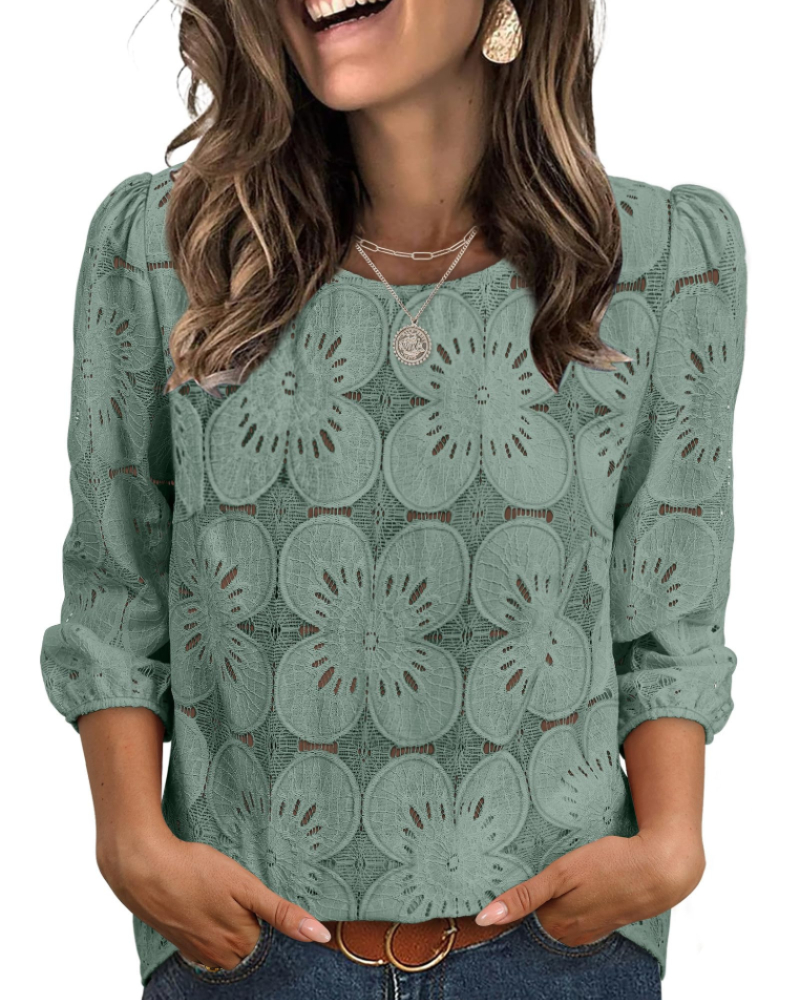 Bluzka Nolia Damska – Top z Ażurem i Bufiastymi Rękawami 3/4, Styl Elegancki Casual Chic