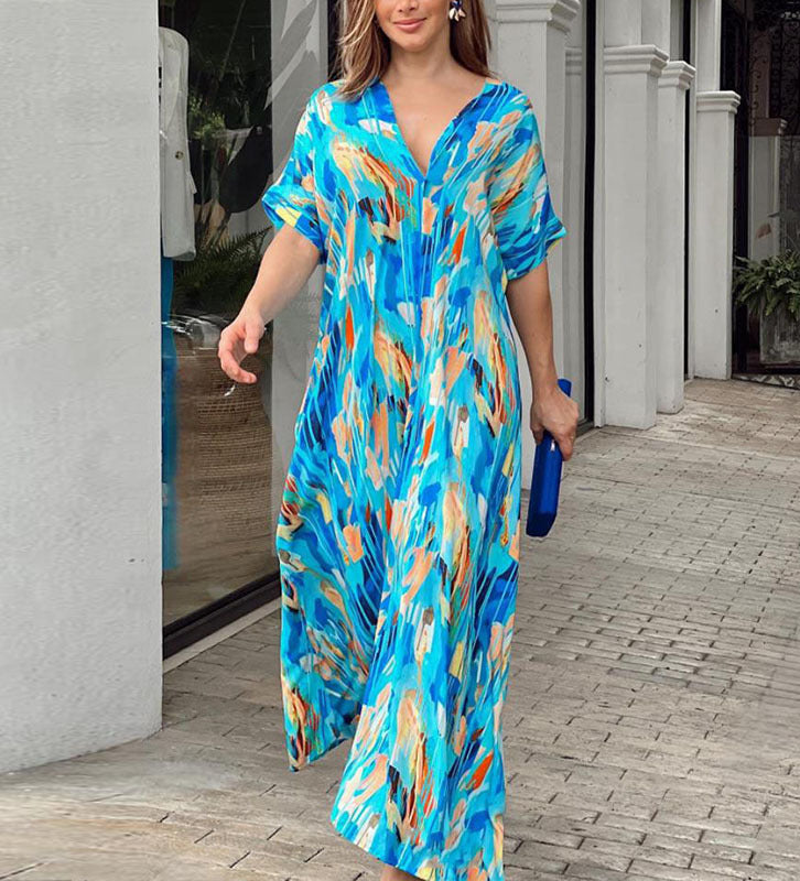 Oaklynn Dames Caftanjurk – Lichte Maxi Caftanjurk met Multicolor Print & Zomerse Look