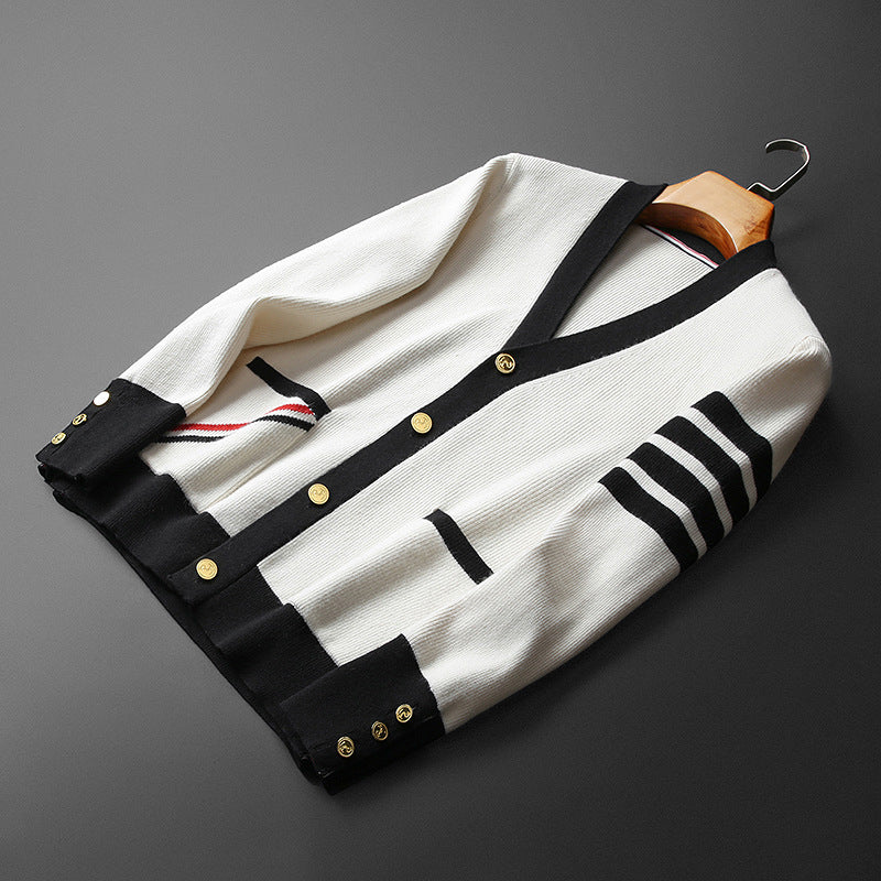 Kardigan męski Hans z kaszmiru – elegancki, w paski z dekoltem w serek, złotymi guzikami i praktycznymi kieszeniami