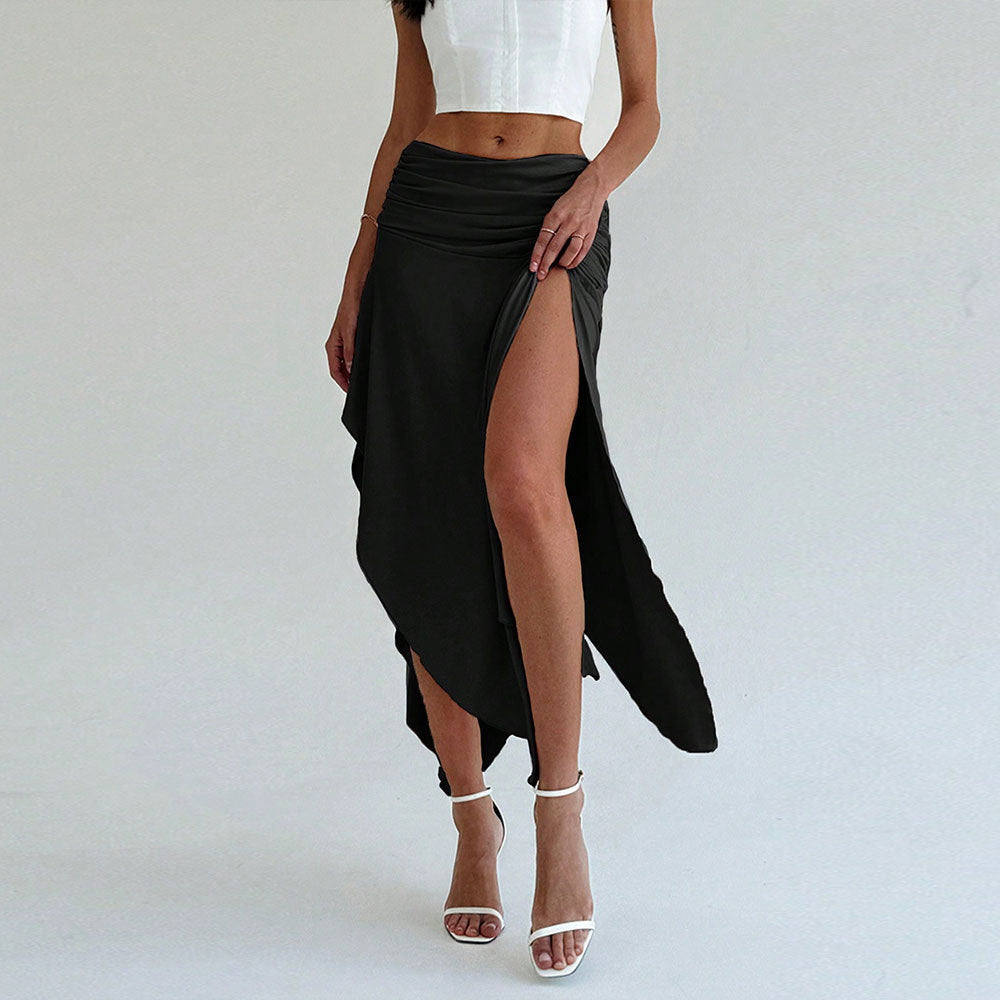 Mena Jupe Midi Femme – Taille Haute, Ceinture Froncée & Elegant asymmetrisk kant