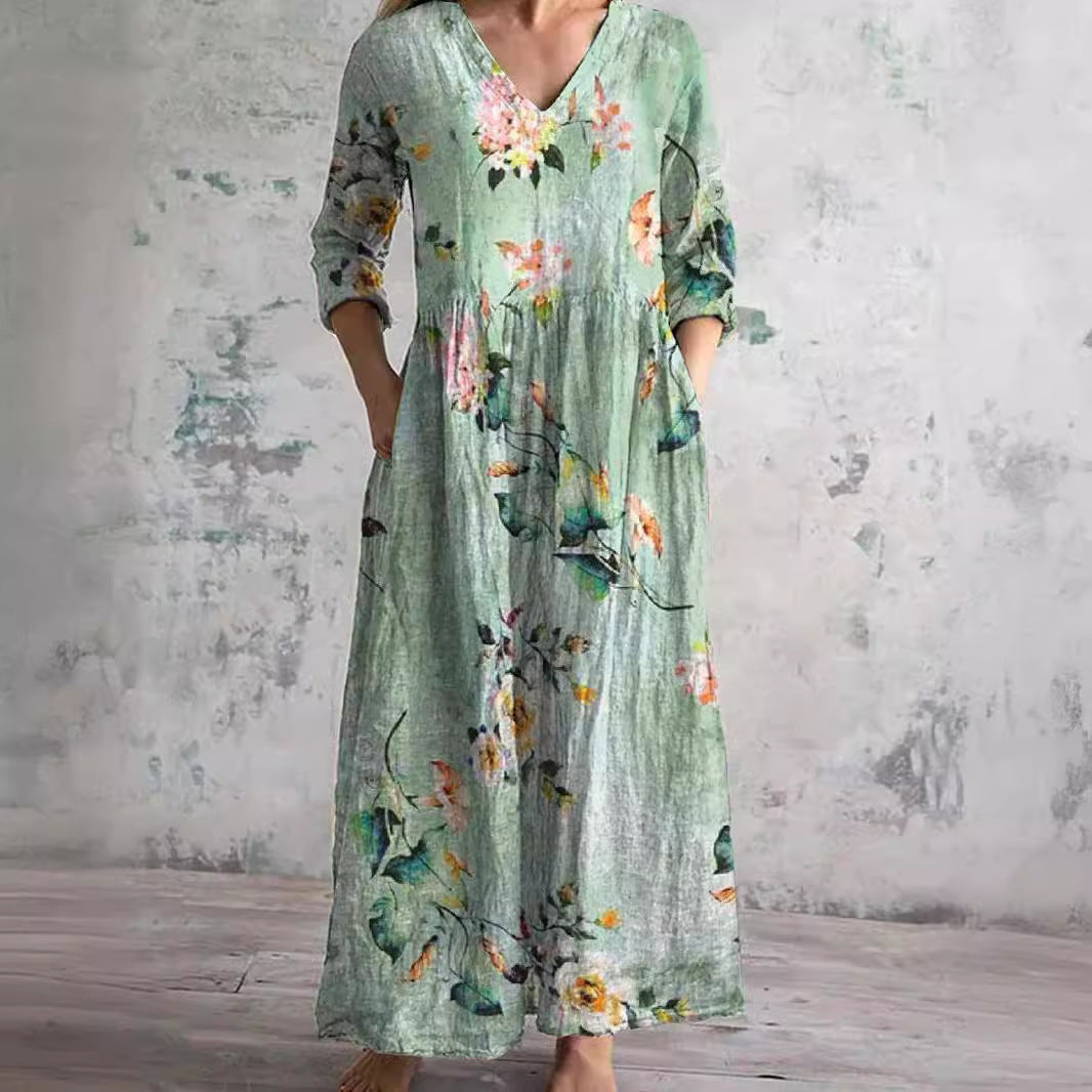 Willa Robe Longue Femme – Elegante Vestido Floral con Cuello en V y Mangas 3/4