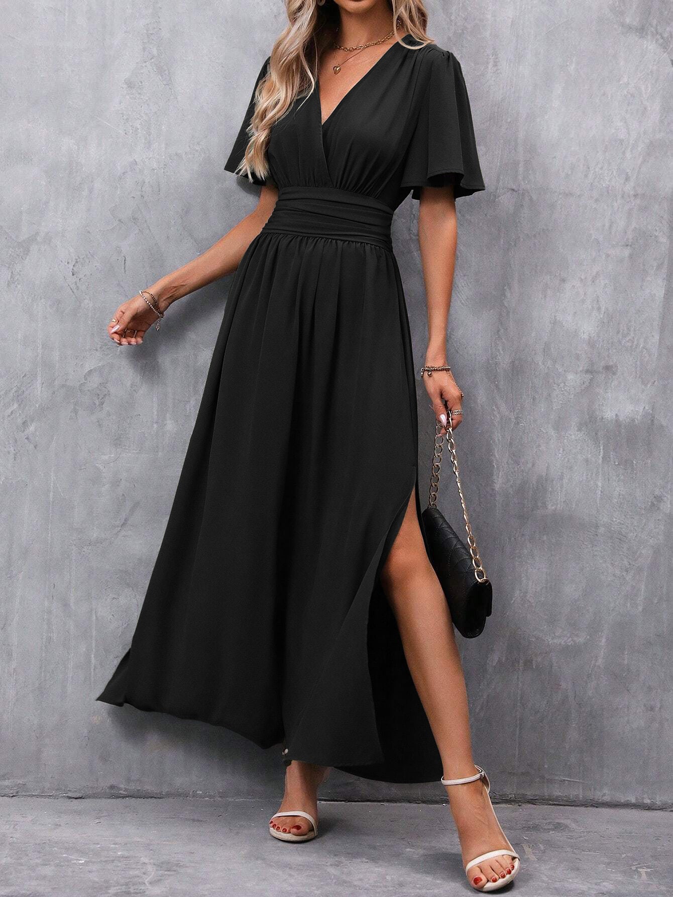 Amy Maxi-jurk voor dames elegant – zwart, V-hals, lichte mouwen & subtiele split