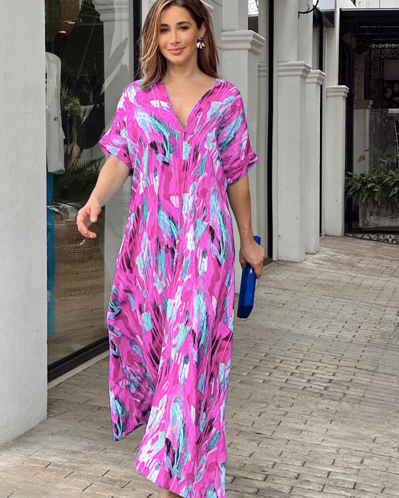 Oaklynn Dames Caftanjurk – Lichte Maxi Caftanjurk met Multicolor Print & Zomerse Look