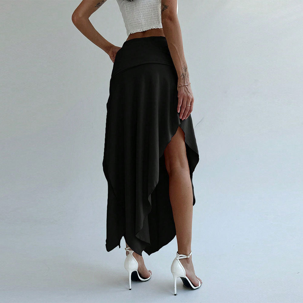 Mena Jupe Midi Femme – Taille Haute, Ceinture Froncée & Elegant asymmetrisk kant