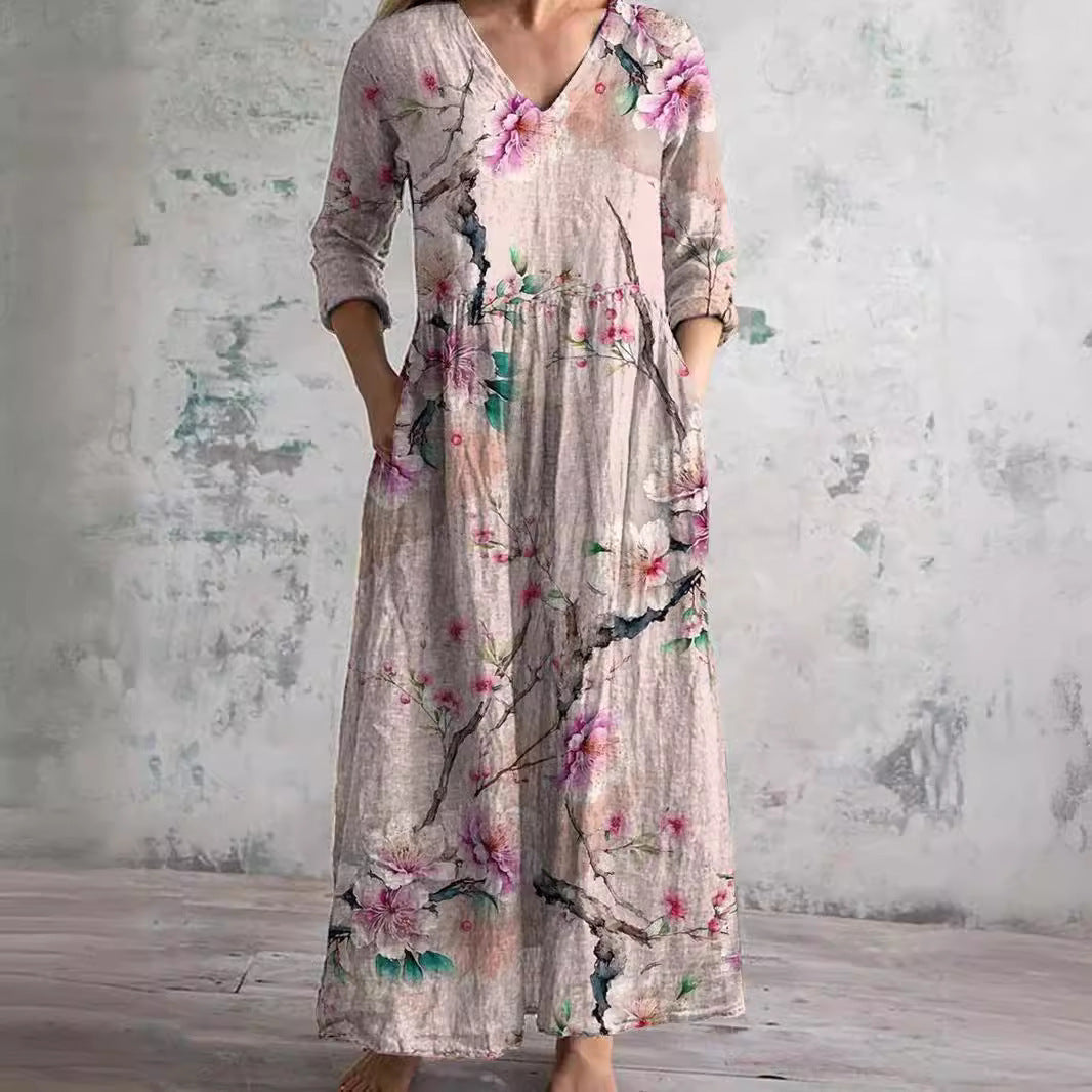 Willa Robe Longue Femme – Elegante Vestido Floral con Cuello en V y Mangas 3/4