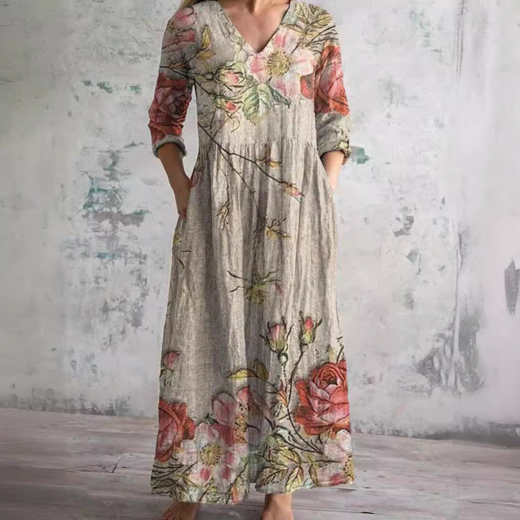 Willa Robe Longue Femme – Elegante Vestido Floral con Cuello en V y Mangas 3/4
