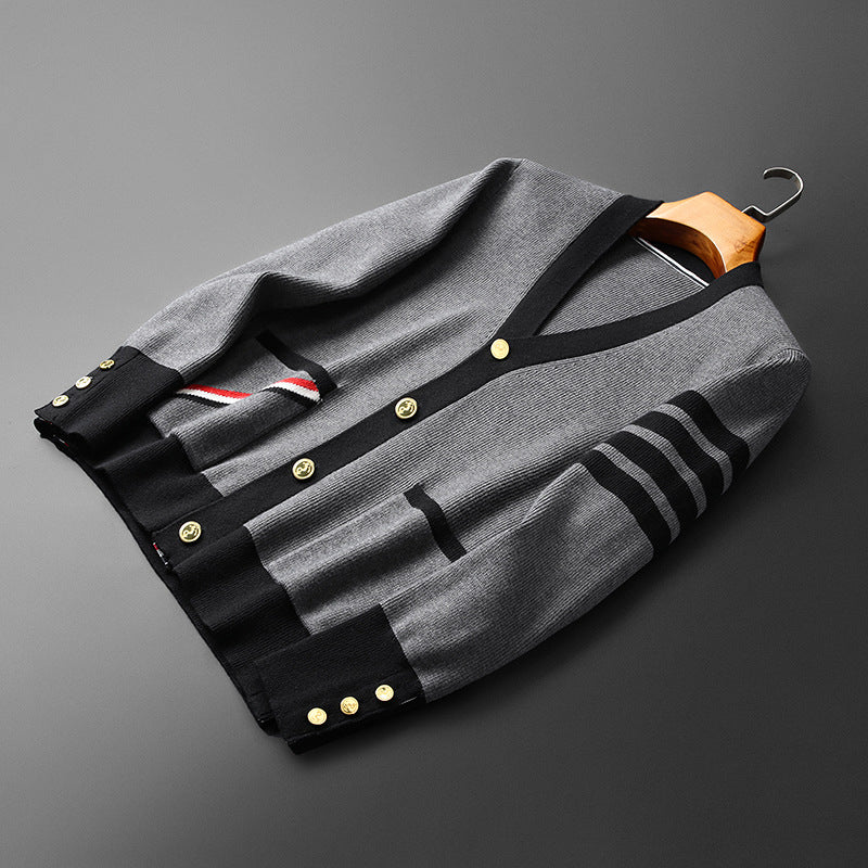 Kardigan męski Hans z kaszmiru – elegancki, w paski z dekoltem w serek, złotymi guzikami i praktycznymi kieszeniami