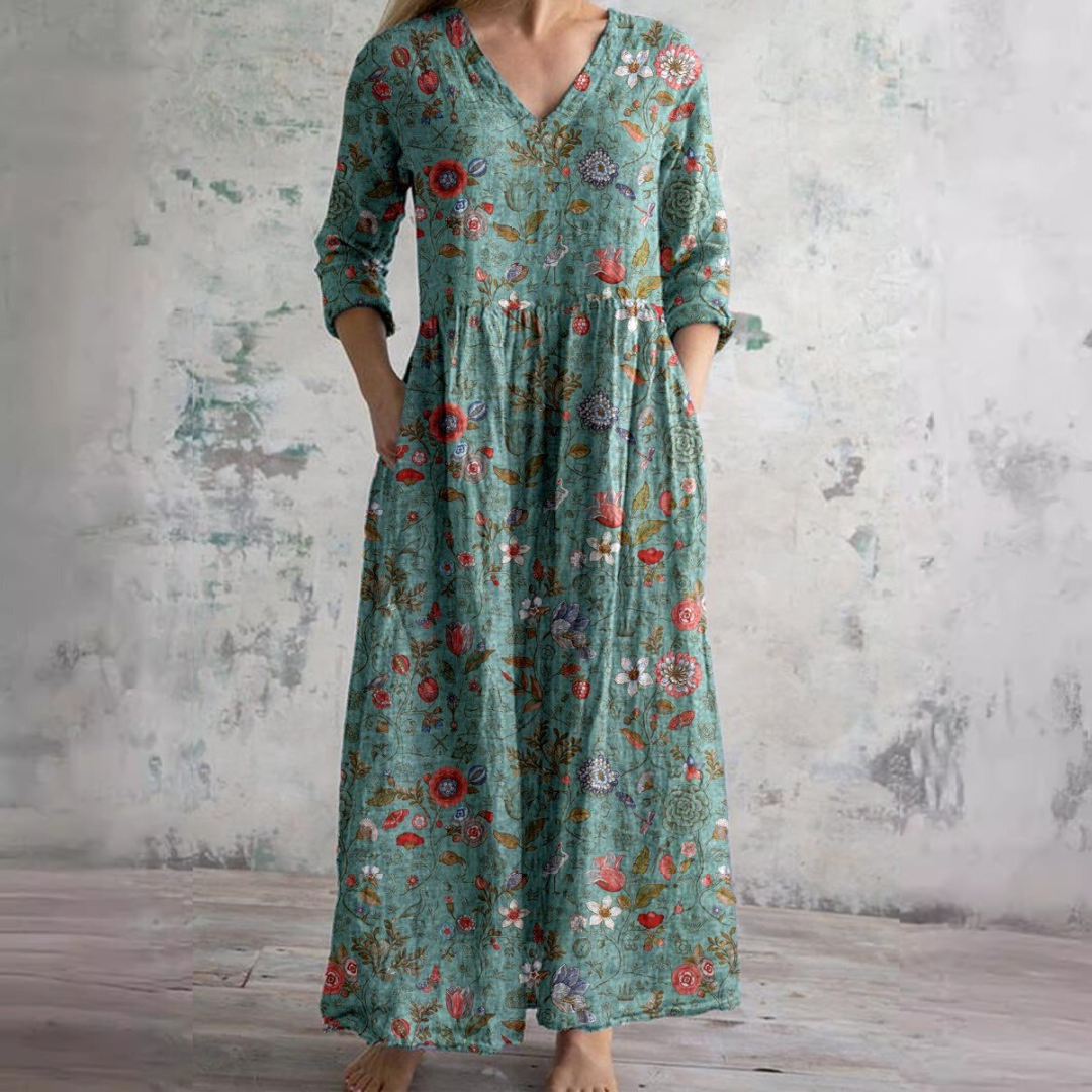 Willa Robe Longue Femme – Elegante Vestido Floral con Cuello en V y Mangas 3/4