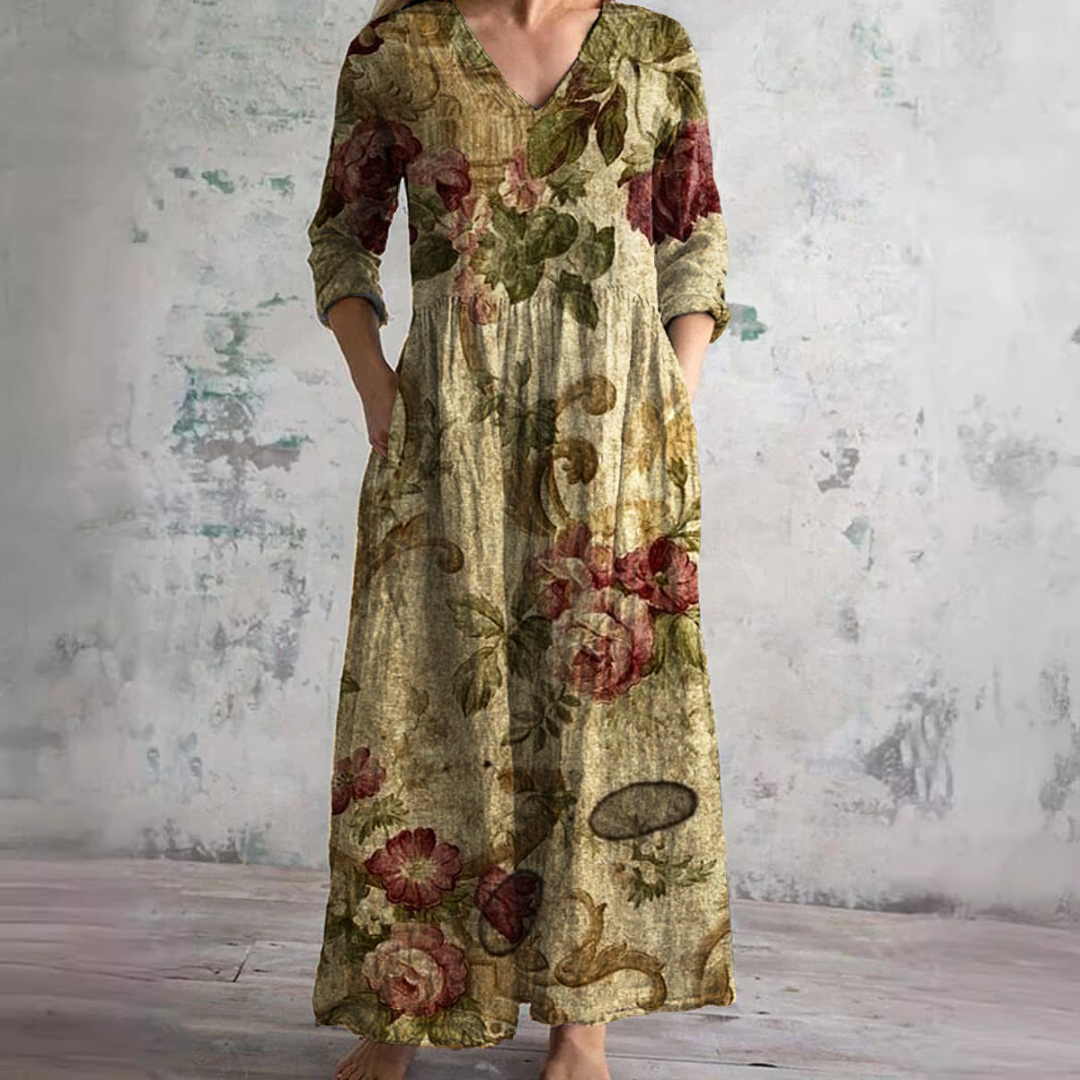 Willa Robe Longue Femme – Elegante Vestido Floral con Cuello en V y Mangas 3/4