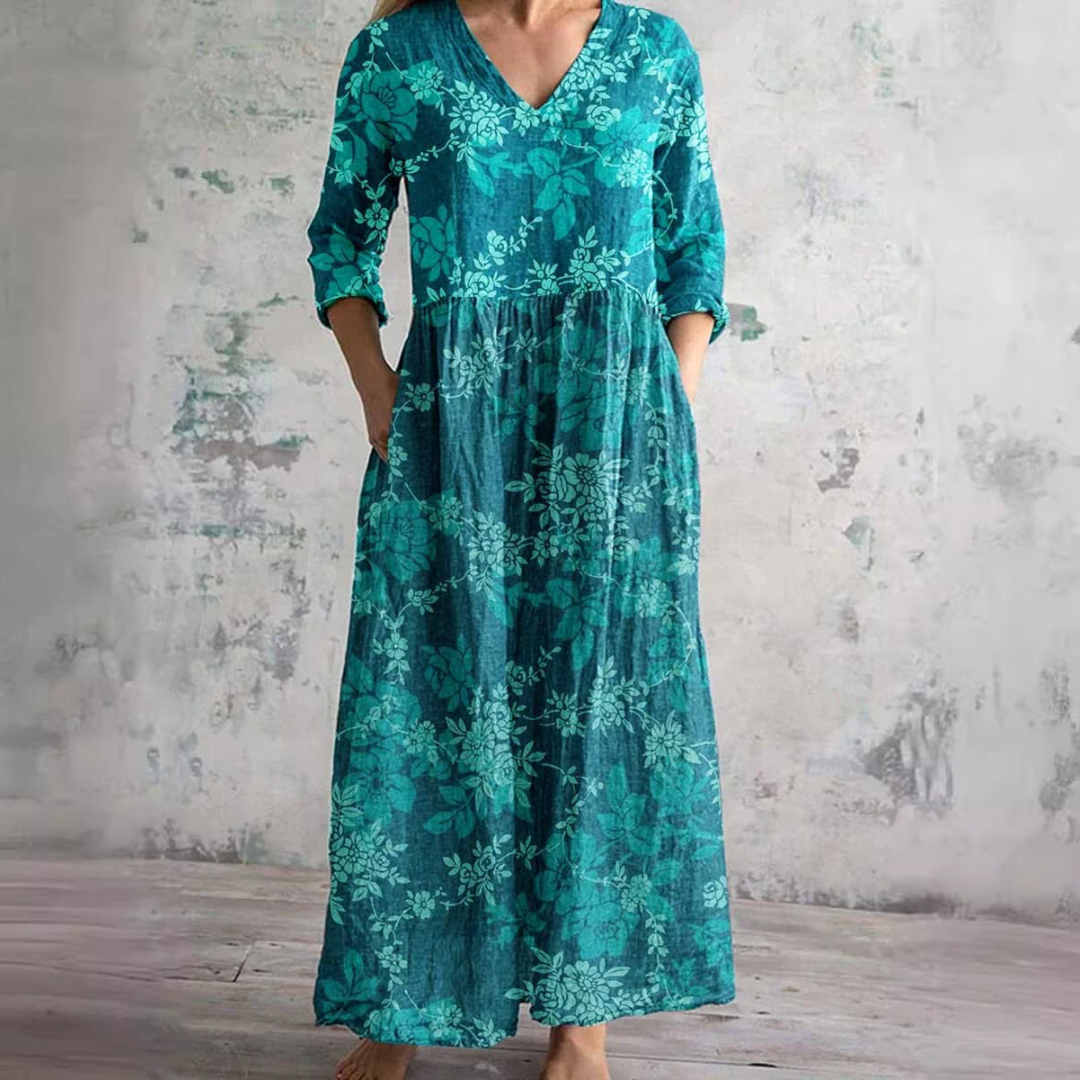 Willa Robe Longue Femme – Elegante Vestido Floral con Cuello en V y Mangas 3/4
