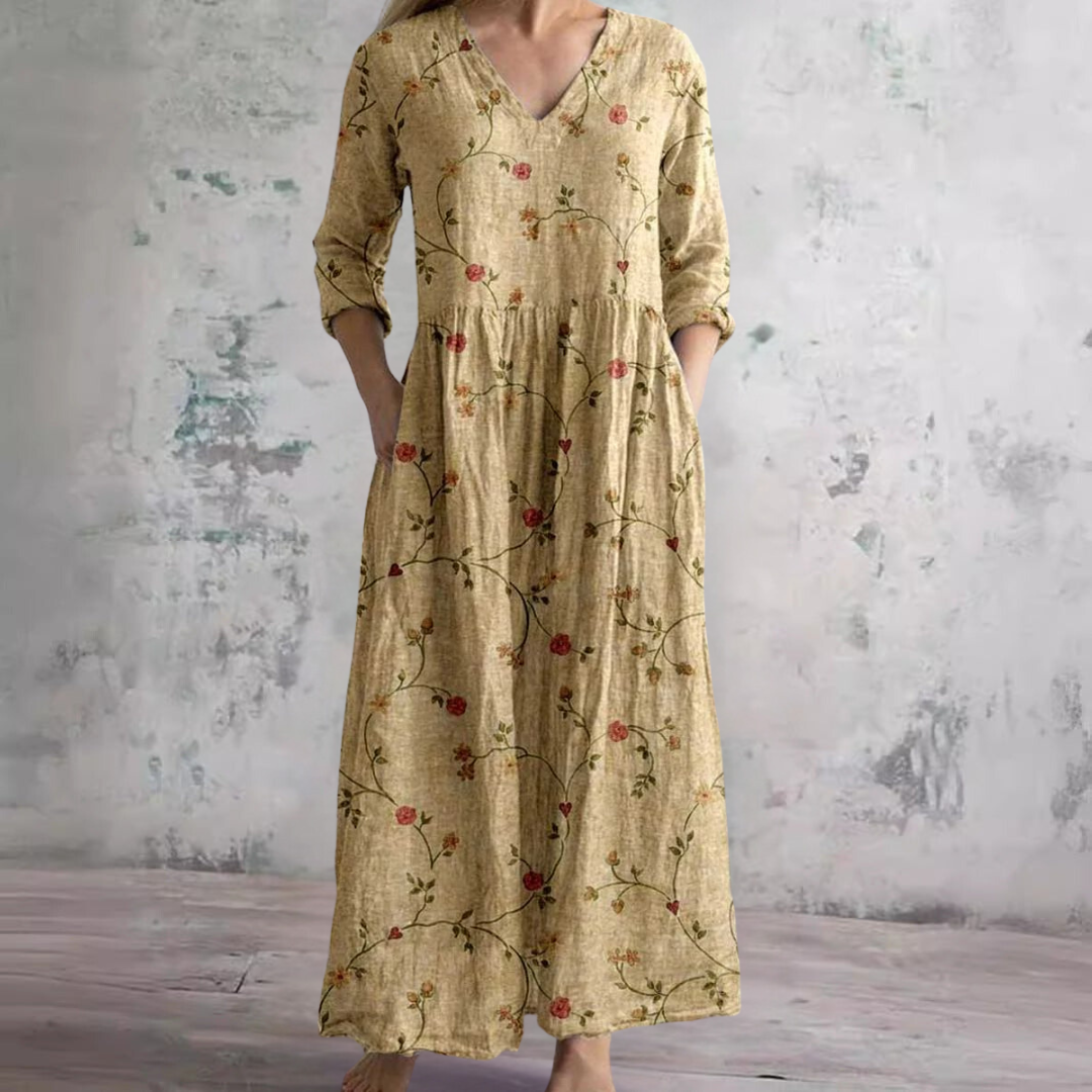 Willa Robe Longue Femme – Elegante Vestido Floral con Cuello en V y Mangas 3/4