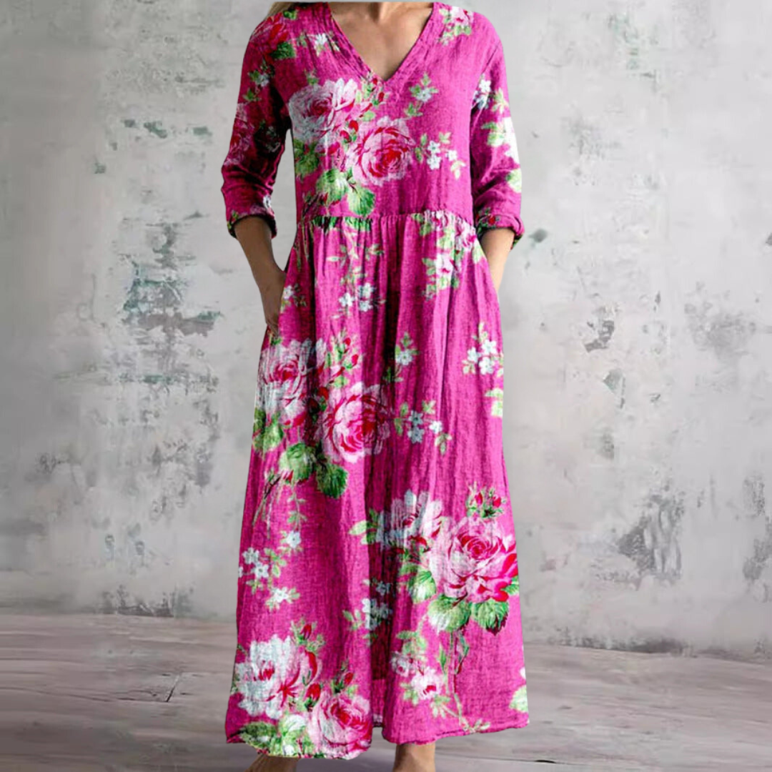 Willa Robe Longue Femme – Elegante Vestido Floral con Cuello en V y Mangas 3/4
