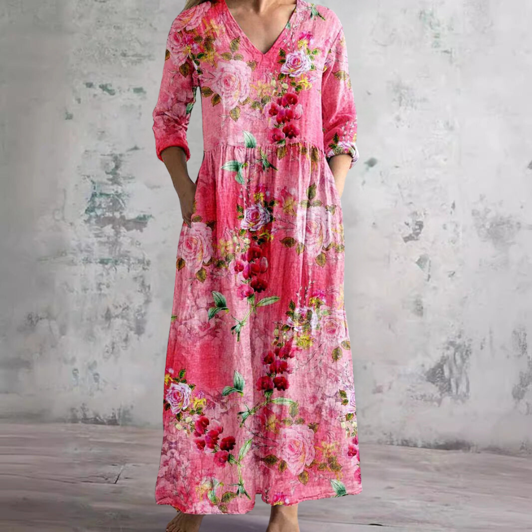 Willa Robe Longue Femme – Elegante Vestido Floral con Cuello en V y Mangas 3/4