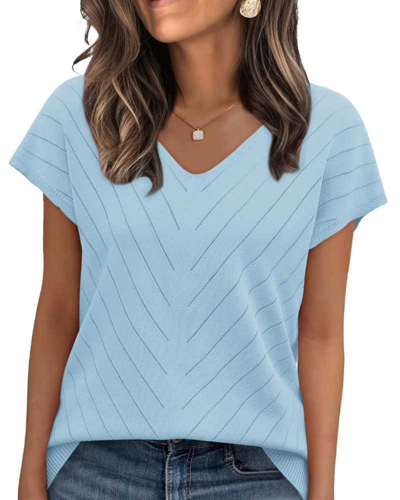Orina Top Femme – Lagani pulover s kratkim rukavima, V-izrez, elegantan i poslovni casual stil
