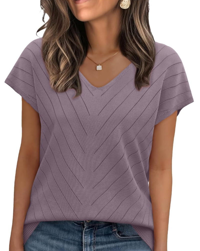 Orina Top Femme – Lagani pulover s kratkim rukavima, V-izrez, elegantan i poslovni casual stil