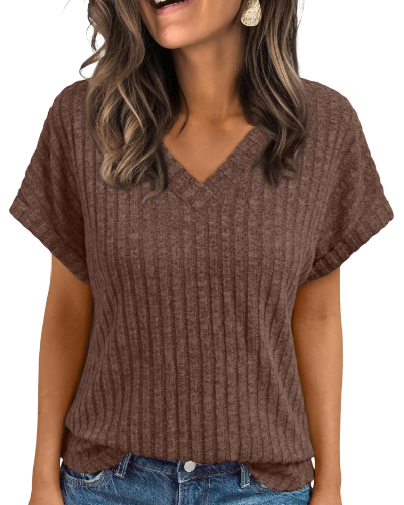 Orla Top Femme – Blouse Col V Élégante à Manches Courtes, Coupe Fluide Casual Chic