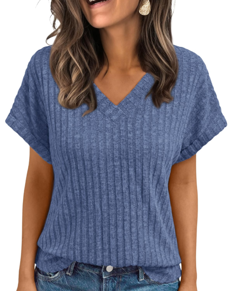 Orla Top Femme – Blouse Col V Élégante à Manches Courtes, Coupe Fluide Casual Chic