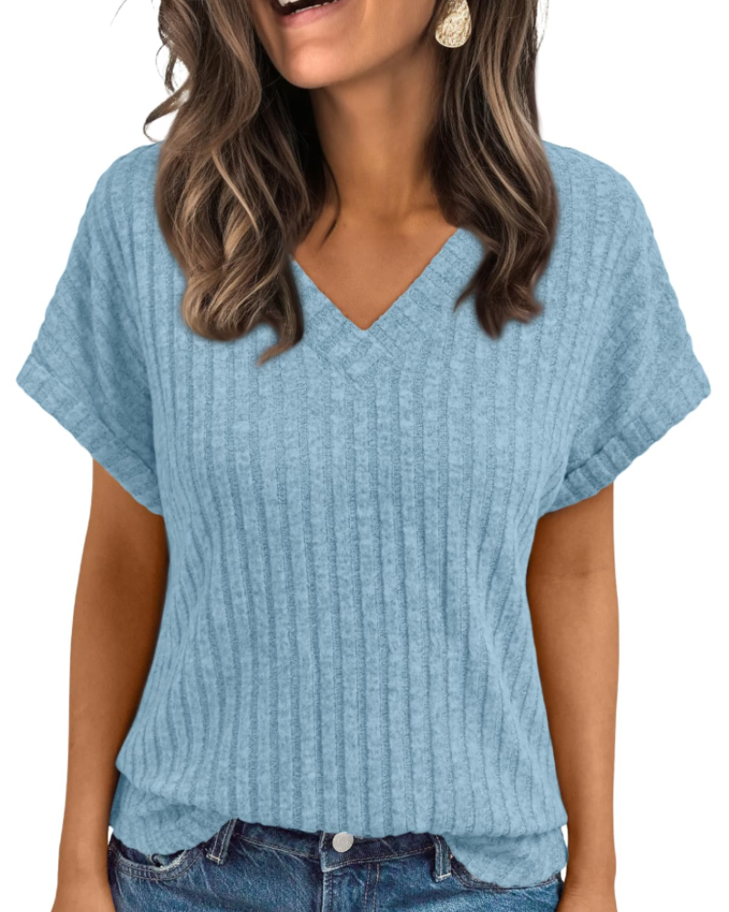 Orla Top Femme – Blouse Col V Élégante à Manches Courtes, Coupe Fluide Casual Chic