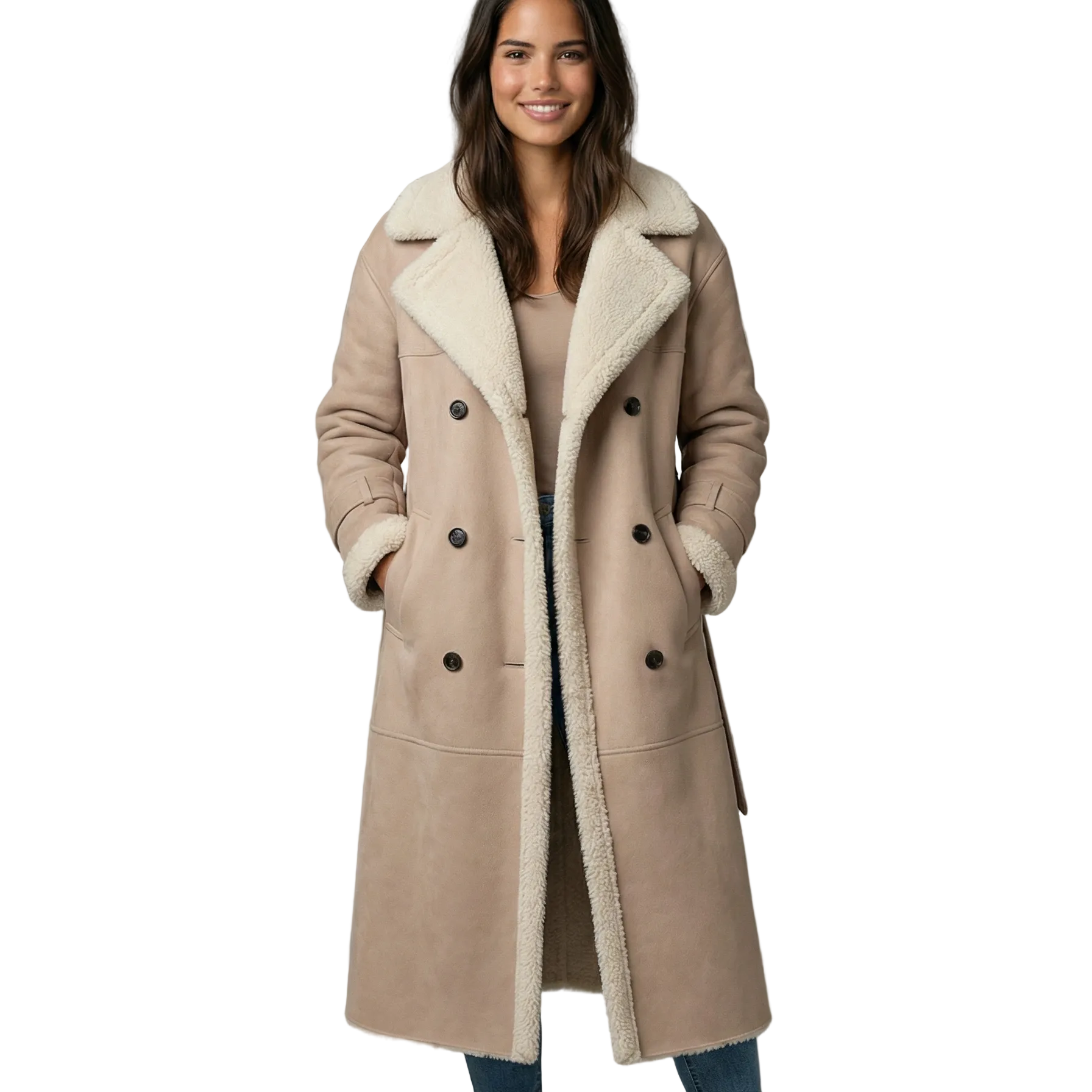 Rita Trench Lang Dame – Luksus Teddyforet Frakke med Bælte & Elegant Finish