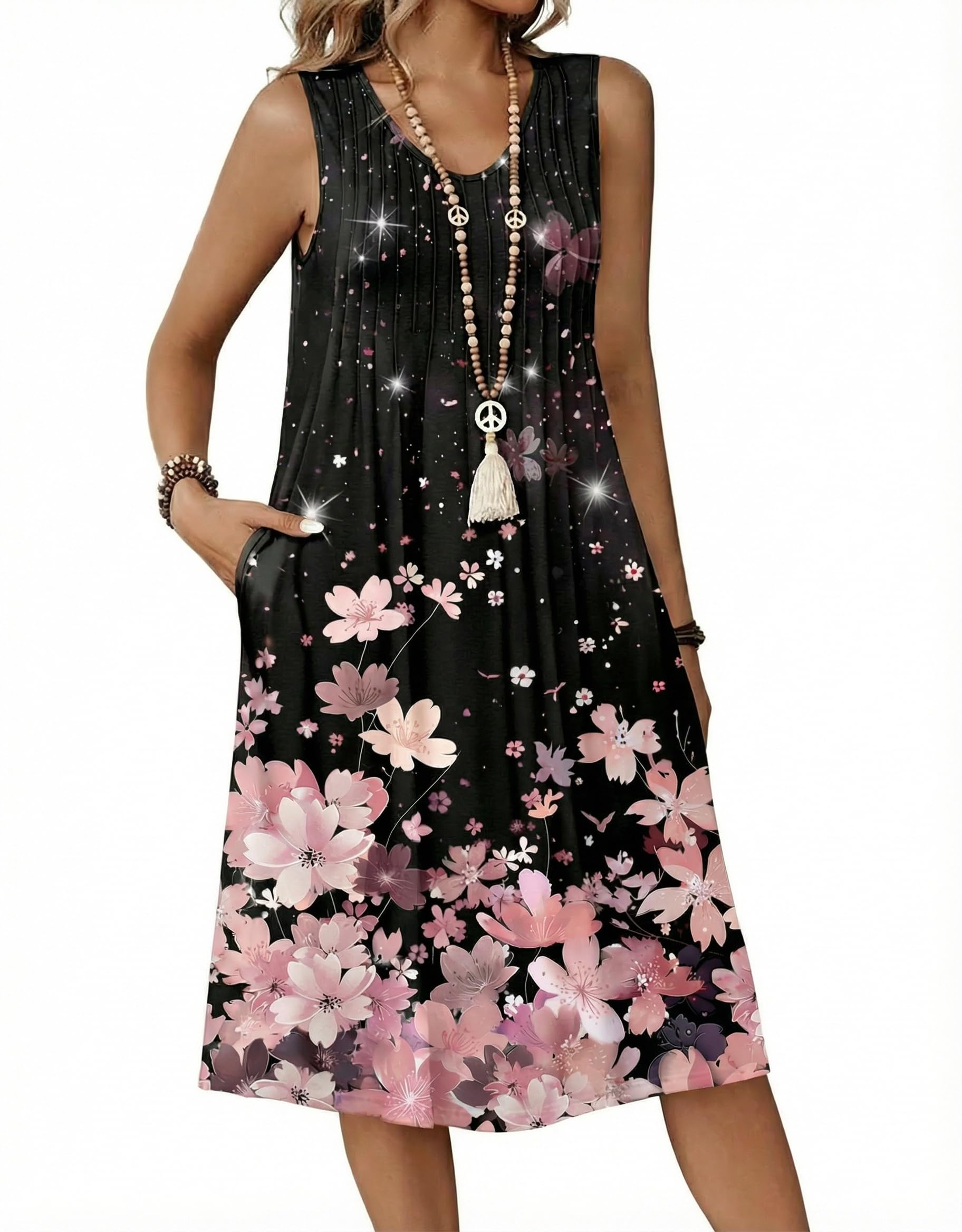 Vestido Zita para mujer – Cuello en V sin mangas, corte línea A midi y bolsillos con cintura plisada verano