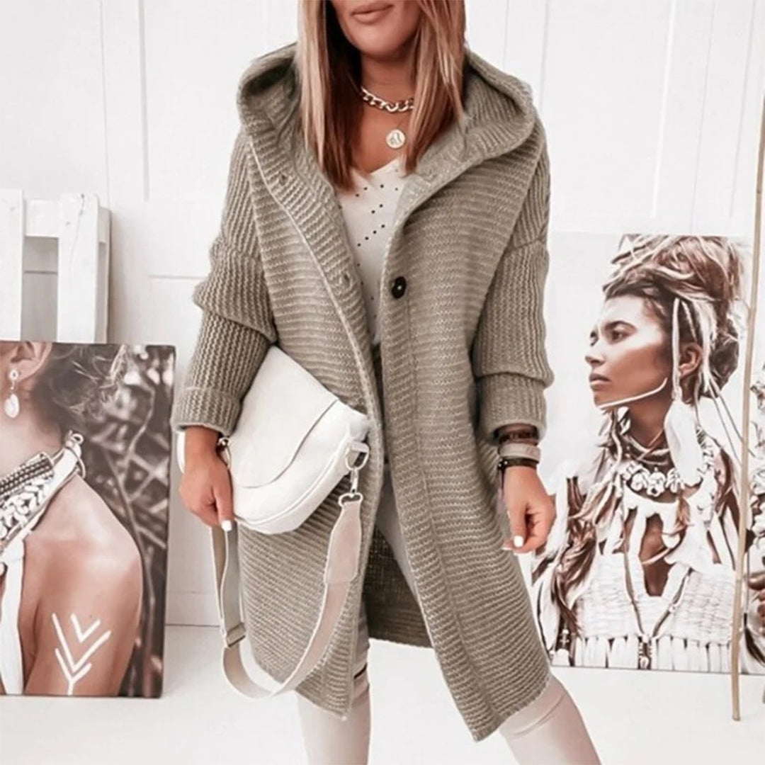 Madilyn Μακρύ Γιλέκο Πλεκτό για Γυναίκες – Μαλακό Μπουφάν με Κουκούλα και Κουμπιά