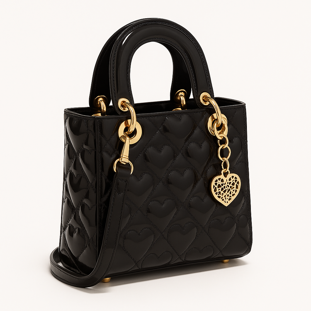 Borsa a mano da donna Raelynn – Mini borsa tote trapuntata in similpelle verniciata con motivo a cuori e ciondolo dorato