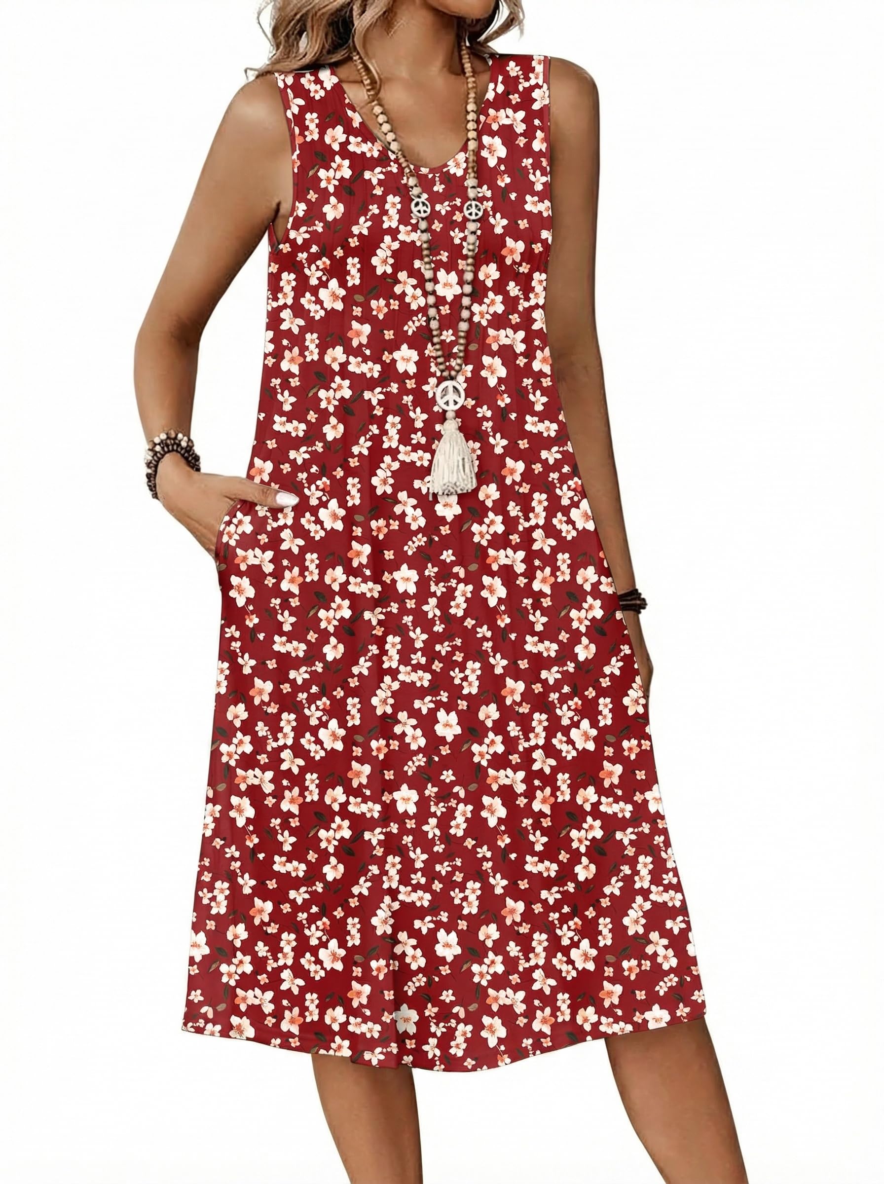 Vestido Zita para mujer – Cuello en V sin mangas, corte línea A midi y bolsillos con cintura plisada verano