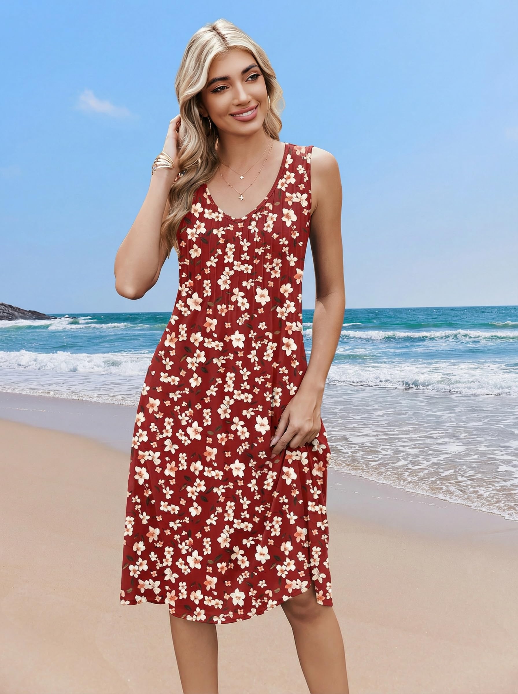 Vestido Zita para mujer – Cuello en V sin mangas, corte línea A midi y bolsillos con cintura plisada verano
