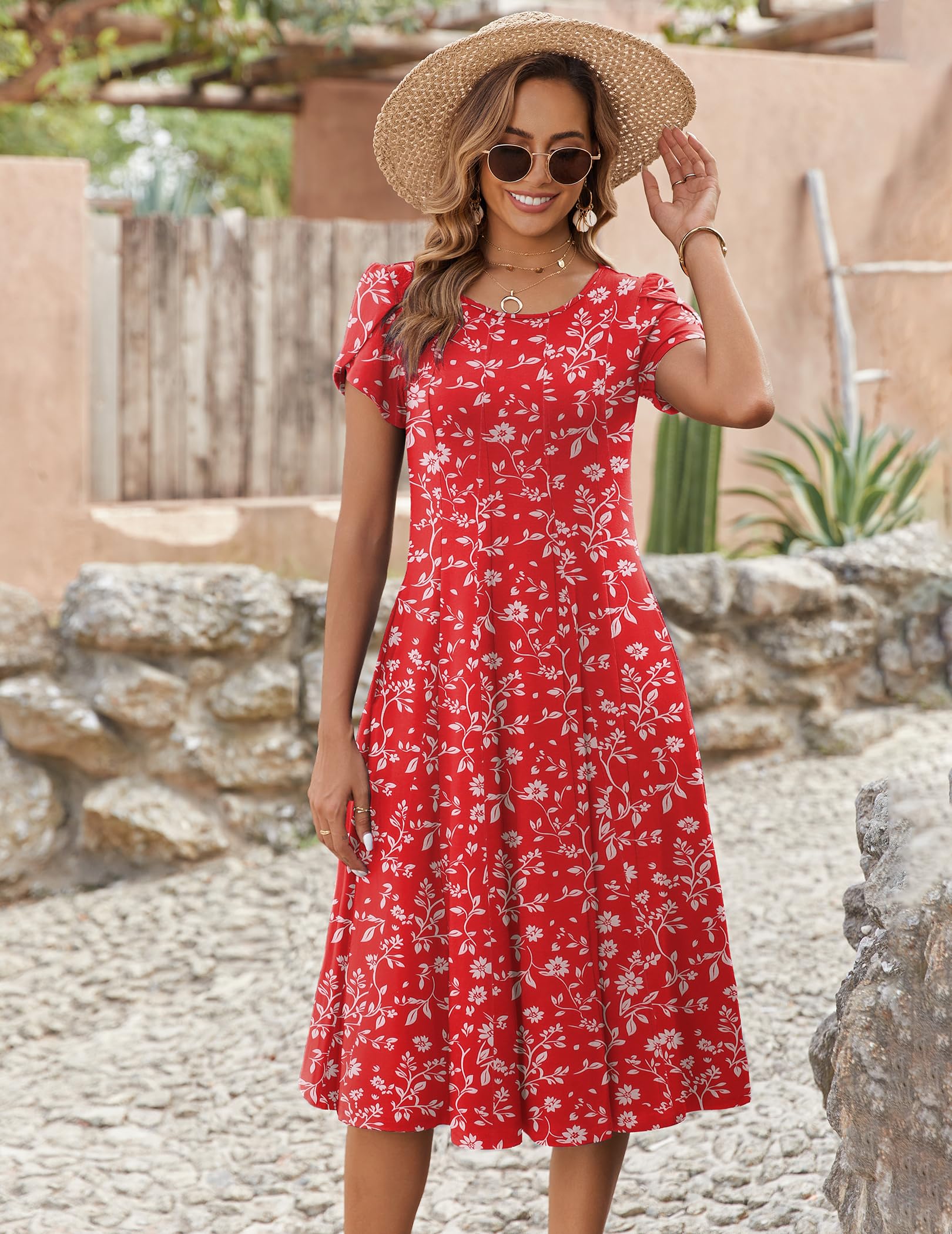 Wella Robe Femme – Rochie de vară cu guler rotund, mâneci scurte, croială evazată midi și buzunare