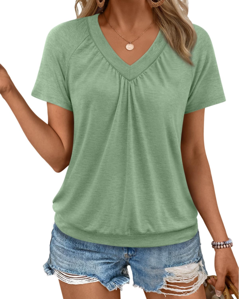 Rhea Top Femme – T-Shirt mit V-Ausschnitt, Plissiert, Eleganter und Bequemer Sommer-Schnitt