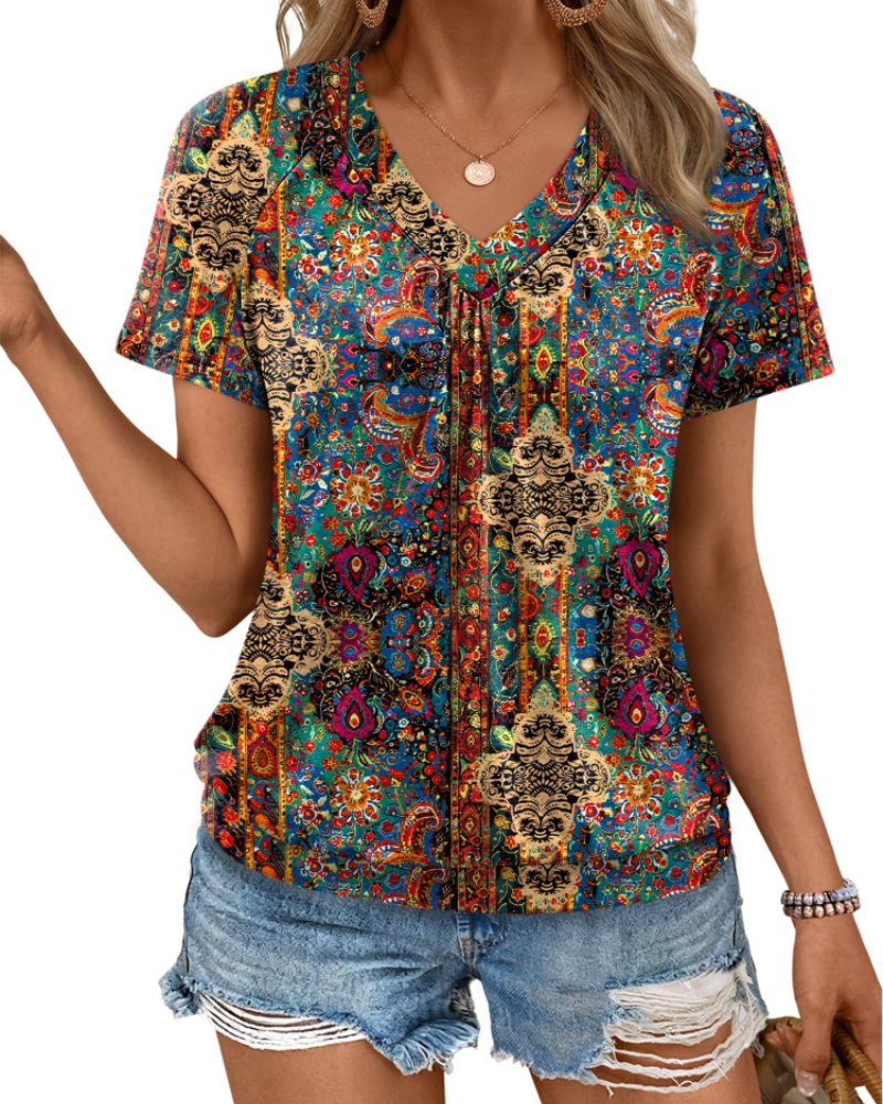 Rhea Top Femme – T-Shirt mit V-Ausschnitt, Plissiert, Eleganter und Bequemer Sommer-Schnitt