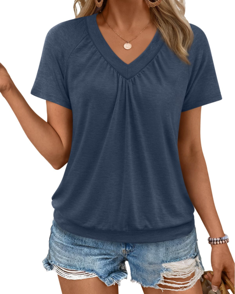 Rhea Top Femme – T-Shirt mit V-Ausschnitt, Plissiert, Eleganter und Bequemer Sommer-Schnitt