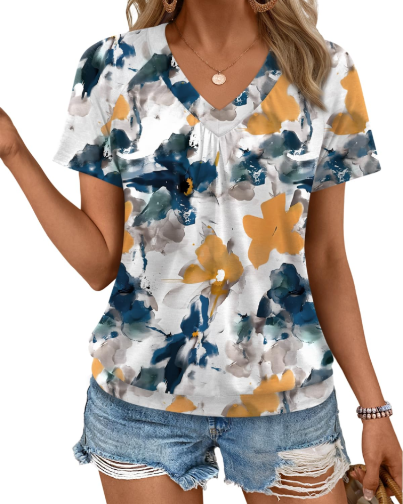 Rhea Top Femme – T-Shirt mit V-Ausschnitt, Plissiert, Eleganter und Bequemer Sommer-Schnitt