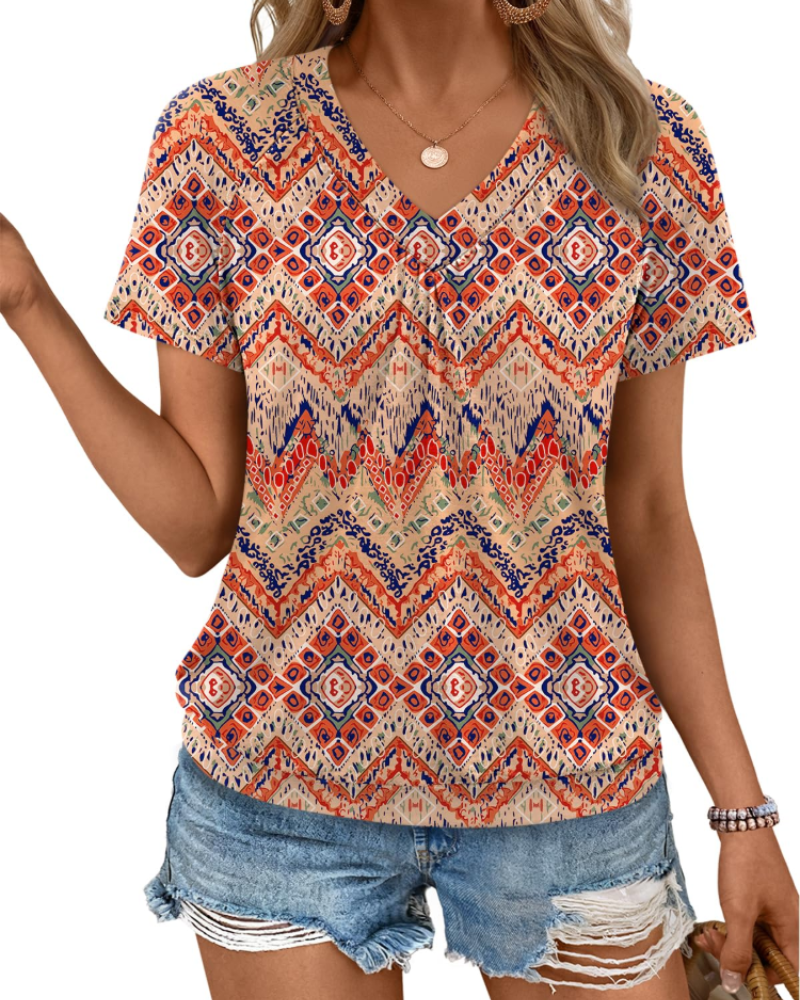 Rhea Top Femme – T-Shirt mit V-Ausschnitt, Plissiert, Eleganter und Bequemer Sommer-Schnitt