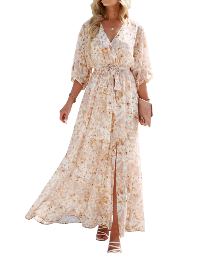 Rodelyn Damen Maxikleid – V-Ausschnitt Wickeloptik, 3/4-Arm Kimono & Eleganter Boho-Schlitz