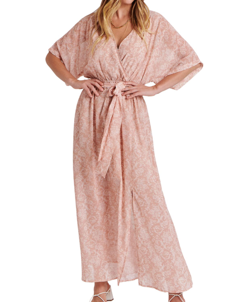 Rodelyn Damen Maxikleid – V-Ausschnitt Wickeloptik, 3/4-Arm Kimono & Eleganter Boho-Schlitz