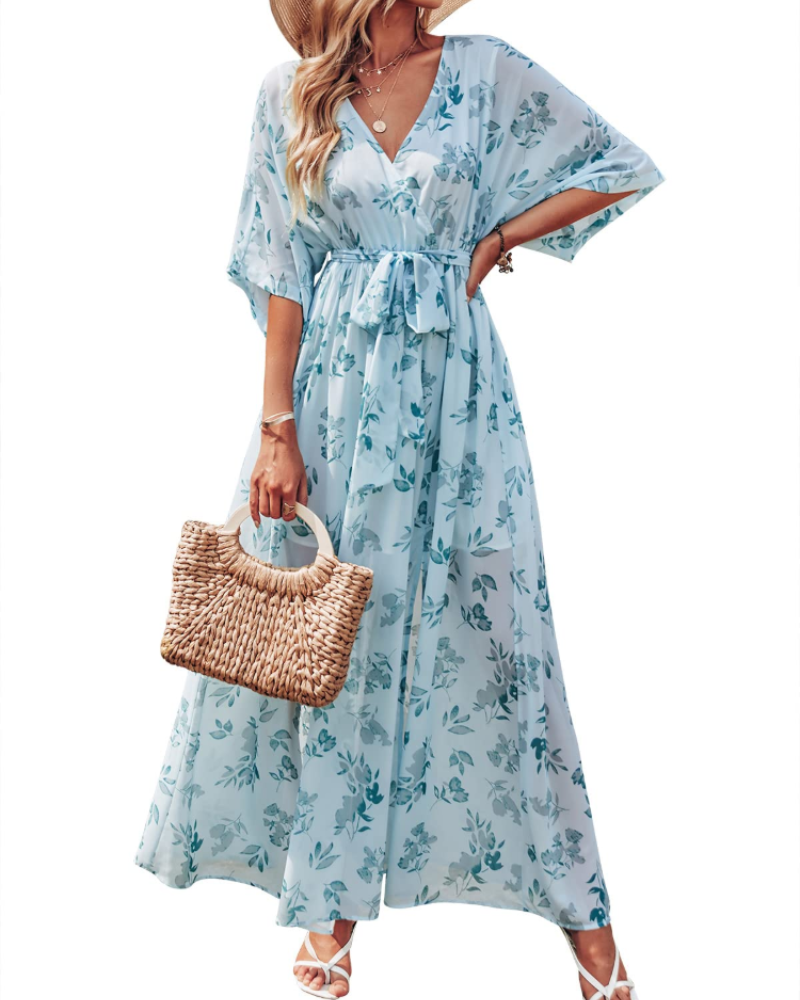 Rodelyn Damen Maxikleid – V-Ausschnitt Wickeloptik, 3/4-Arm Kimono & Eleganter Boho-Schlitz