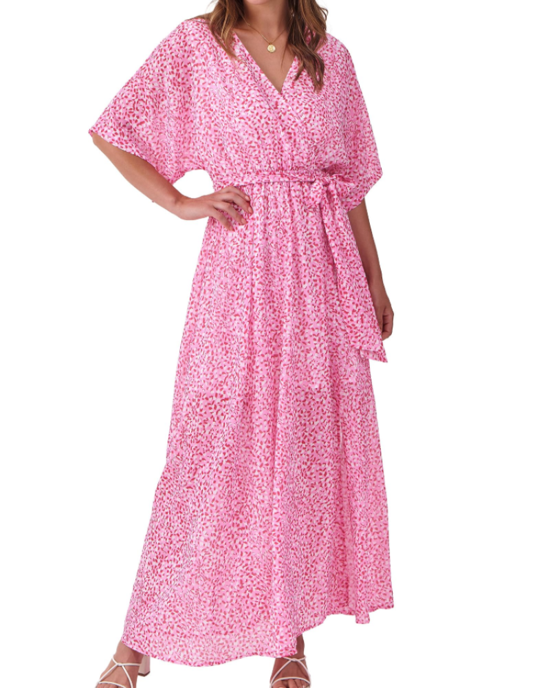 Rodelyn Damen Maxikleid – V-Ausschnitt Wickeloptik, 3/4-Arm Kimono & Eleganter Boho-Schlitz