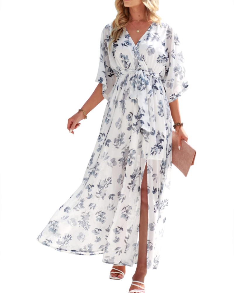 Rodelyn Damen Maxikleid – V-Ausschnitt Wickeloptik, 3/4-Arm Kimono & Eleganter Boho-Schlitz