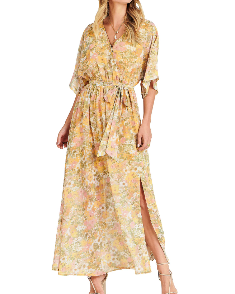 Rodelyn Damen Maxikleid – V-Ausschnitt Wickeloptik, 3/4-Arm Kimono & Eleganter Boho-Schlitz