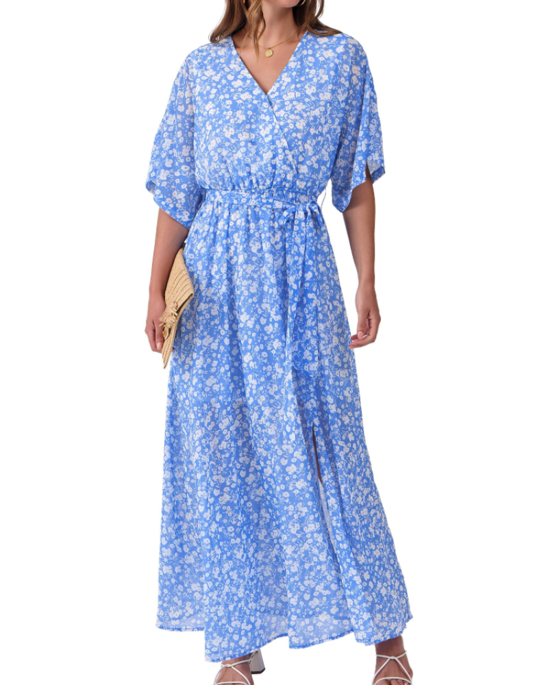 Rodelyn Damen Maxikleid – V-Ausschnitt Wickeloptik, 3/4-Arm Kimono & Eleganter Boho-Schlitz
