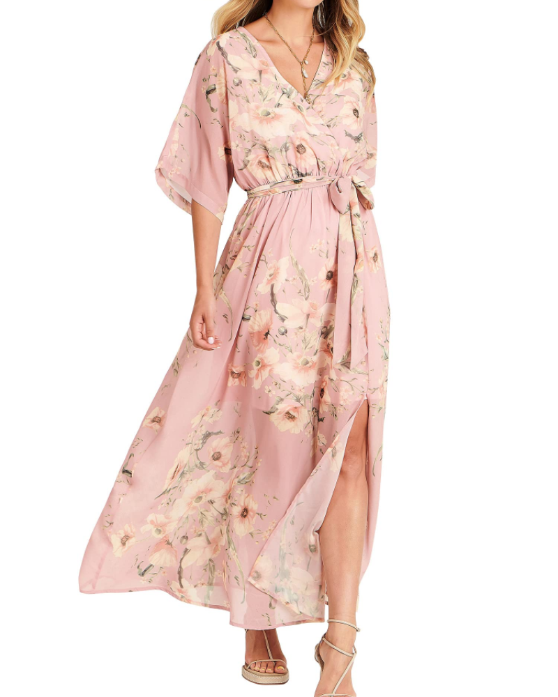 Rodelyn Damen Maxikleid – V-Ausschnitt Wickeloptik, 3/4-Arm Kimono & Eleganter Boho-Schlitz