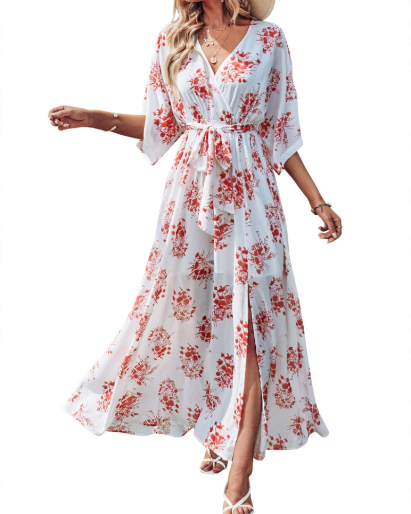 Rodelyn Damen Maxikleid – V-Ausschnitt Wickeloptik, 3/4-Arm Kimono & Eleganter Boho-Schlitz