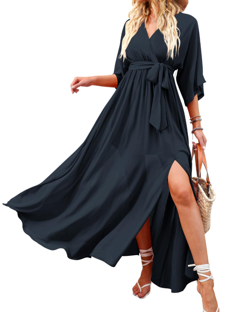 Rodelyn Damen Maxikleid – V-Ausschnitt Wickeloptik, 3/4-Arm Kimono & Eleganter Boho-Schlitz