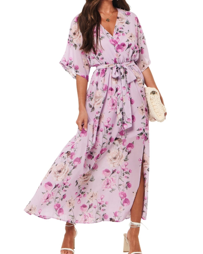 Rodelyn Damen Maxikleid – V-Ausschnitt Wickeloptik, 3/4-Arm Kimono & Eleganter Boho-Schlitz