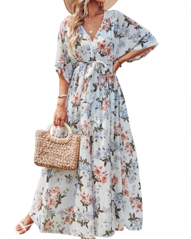 Rodelyn Damen Maxikleid – V-Ausschnitt Wickeloptik, 3/4-Arm Kimono & Eleganter Boho-Schlitz