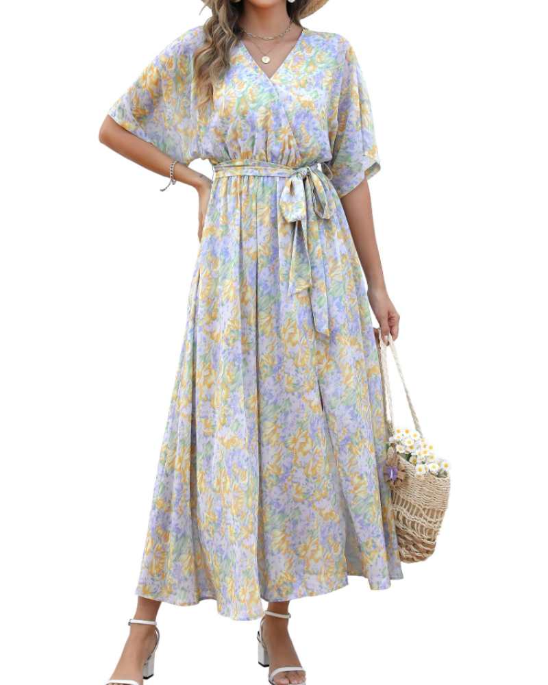 Rodelyn Damen Maxikleid – V-Ausschnitt Wickeloptik, 3/4-Arm Kimono & Eleganter Boho-Schlitz