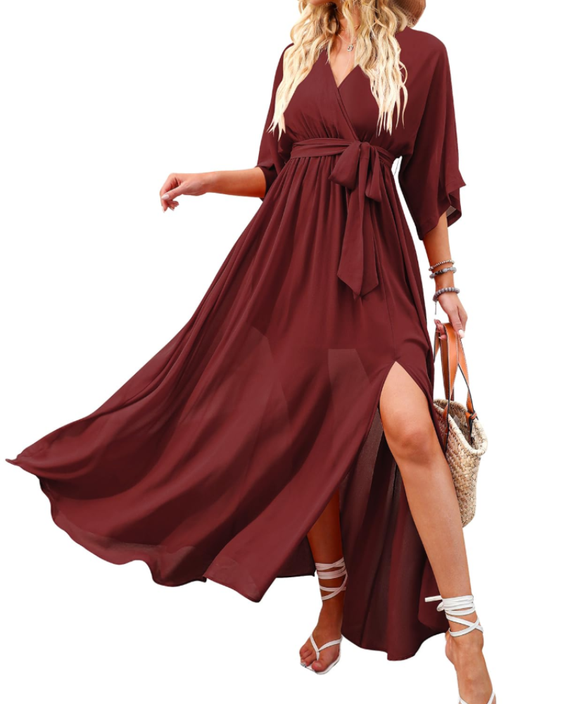 Rodelyn Damen Maxikleid – V-Ausschnitt Wickeloptik, 3/4-Arm Kimono & Eleganter Boho-Schlitz