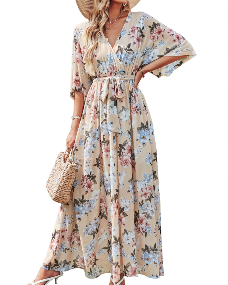 Rodelyn Damen Maxikleid – V-Ausschnitt Wickeloptik, 3/4-Arm Kimono & Eleganter Boho-Schlitz